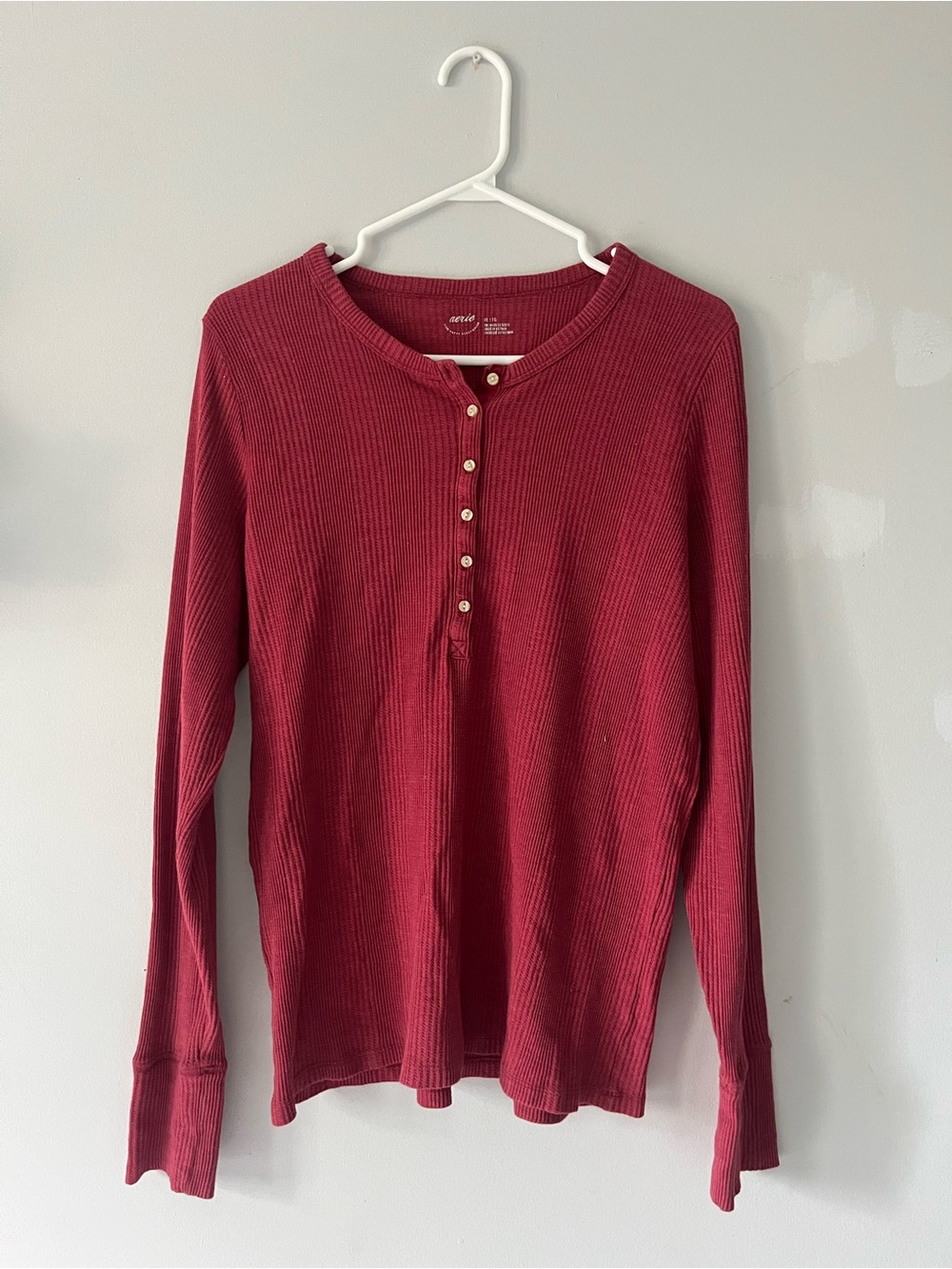 aerie Ribbed Henley Long Sleeve Top - Burgundy